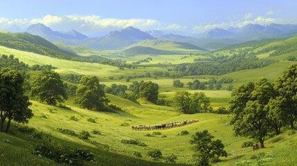 Obraz premium Tending Livestock: Dedicated Farmer Herding Cattle in Vibrant Valley Landscape with Majestic Mountains in the Background
