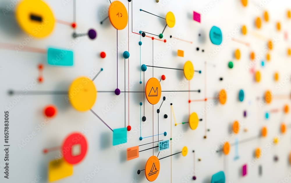 Poster abstract network design showcasing colorful circles and connecting lines, symbolizing data connectio