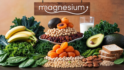 Various fresh food fruits and vegetables with the sign magnesium
