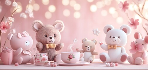 Adorable teddy bears and plush toys arranged with flowers, creating a charming and whimsical atmosphere for celebrations.