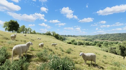 Fototapeta premium Tranquil Sheep Grazing on Hillside in Idyllic Rural Landscape on Livestock Farm with Blue Sky and Fluffy Clouds - Ultra-Detailed Image
