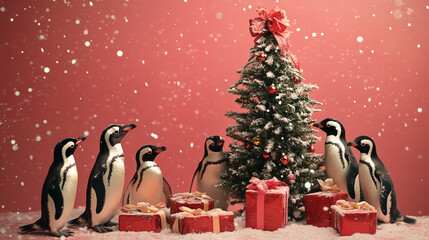 christmas tree and penguins around it