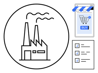 A factory emitting smokestacks, a checklist, and a smartphone showcasing an online shopping cart are visible. Ideal for industrial automation, e-commerce, supply chain management, workflow