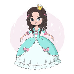 Adorable princess in turquoise dress and crown, tiara isolated on white background. Cute children's illustration of beautiful girl for cards, print, design