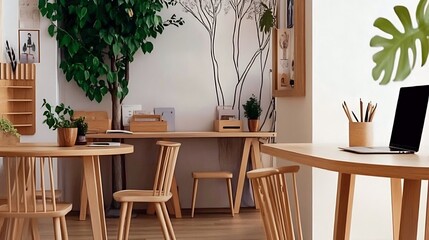 Modern Minimalistic Concrete Coworking Office room with Blank Walls, High Ceilings,and Mockup Frame