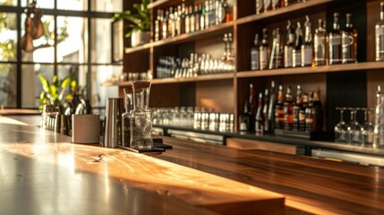 Fototapeta premium Sunlight warms a stylish bar with empty counter and neatly arranged bottles. Perfect for friends to gather and enjoy drinks in a cozy atmosphere