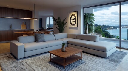 Modern Minimalistic Concrete Coworking Office room with Blank Walls, High Ceilings,and Mockup Frame
