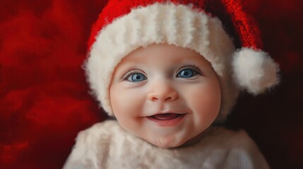 Adorable smiling baby wearing a festive red and white hat with a cozy sweater against a warm red backdrop during holiday season