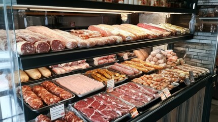 Obraz premium Smoked meat products. Display meats, cold cuts and sausages in a butcher's shop. Assortment of cold meats, variety of processed cold meat products. 