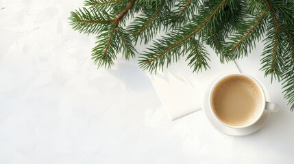 A warm cup of coffee placed on a white surface near fresh evergreen branches during a cozy winter morning