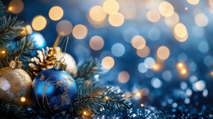 Decorative Christmas ornaments and pine branches create a festive atmosphere with shimmering lights during the holiday season
