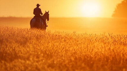 Fototapeta premium Majestic Farmer Riding Horse Through Wheat Field at Sunset - Rural Labor Beauty