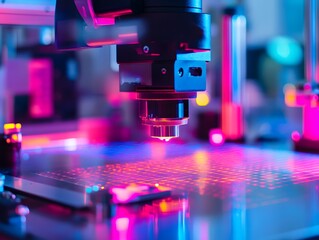 Close-up of a high-tech microscope illuminating a sample with vibrant colors, showcasing precision in scientific research and innovation.