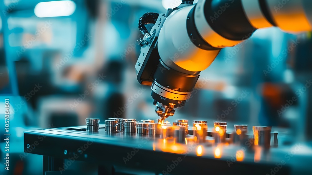 Poster close-up of a robotic arm assembling precision components in a modern industrial environment, showca