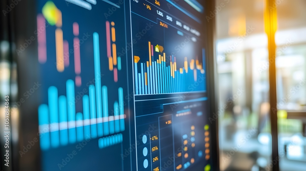 Poster close-up of a data visualization screen showcasing various colorful graphs and charts in a modern wo