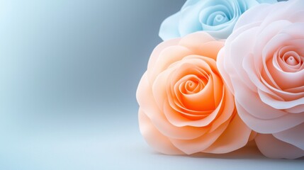 Soft pastel roses in blue and peach create a serene and elegant floral arrangement, AI