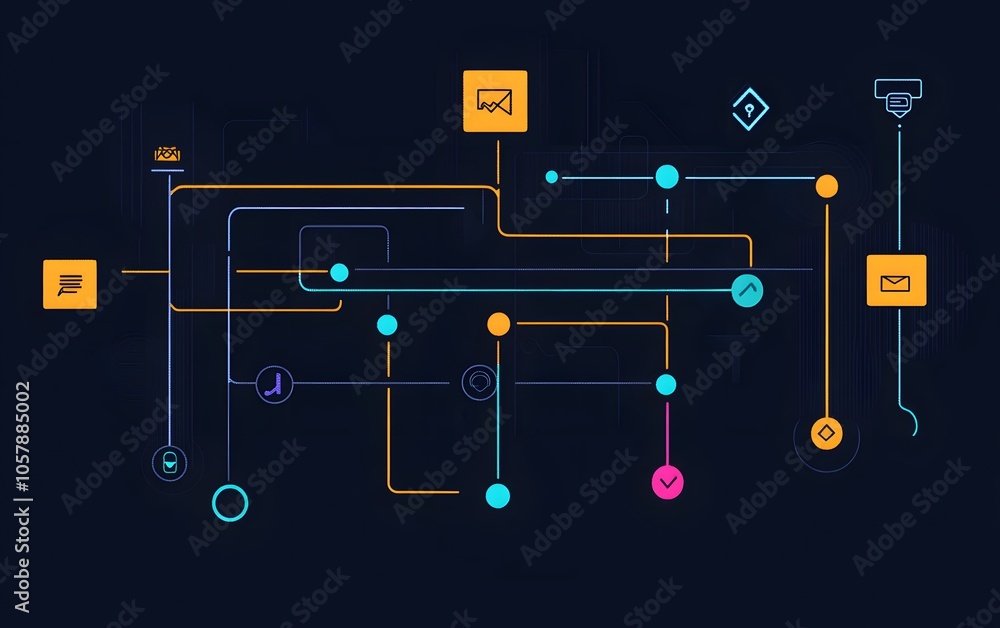 Poster colorful abstract digital flowchart with interconnected nodes and icons on a dark background, symbol