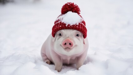 Cute piglet in snow with red beanie covered in snowflakes