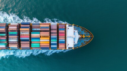 Fototapeta premium A top view image of a cargo ship loaded with colorful shipping containers, neatly organized on the deck