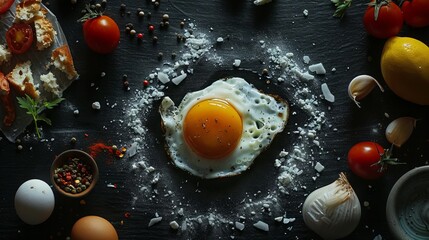 A cracked egg sits on a dark, stark black surface amidst a spread of food. 