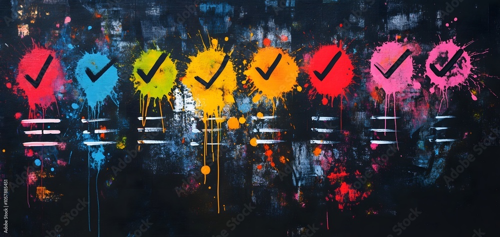 Aufkleber colorful checkmarks on a dark background symbolize success and achievement in project management and
