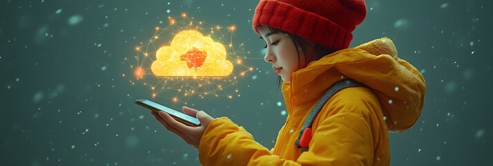 A woman is holding a cell phone and wearing a red hat. The image is a representation of a cloud with a heart inside of it