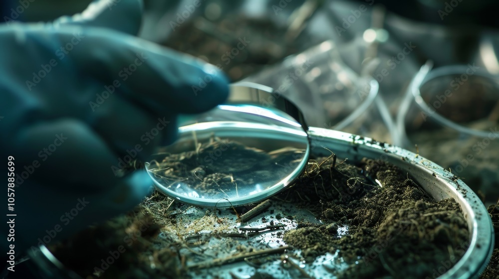 Poster scientist wearing gloves is examining a soil sample with a magnifying glass. conducting research in 