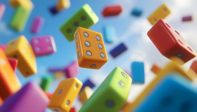 Colorful floating dice create a playful atmosphere, perfect for games, fun events, and creative designs that evoke joy and excitement.