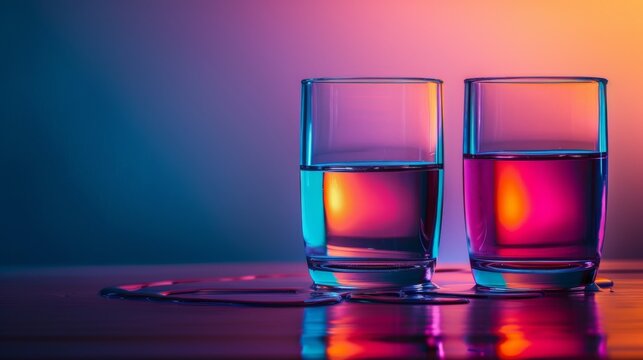 Two water glasses with colorful reflections