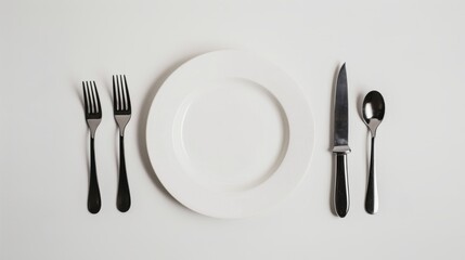 A plate, knife, and fork are set against a clean, white background, standing out in stark contrast. The items appear isolated, drawing attention to their simple y
