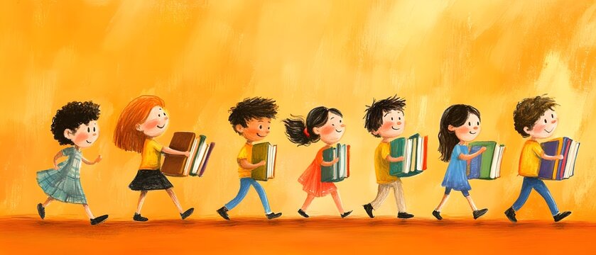 Colorful illustration of children joyfully carrying books while walking against a vibrant orange background.