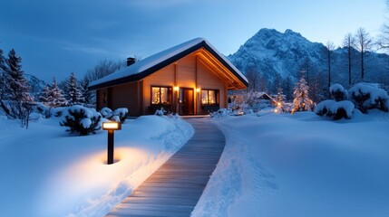Fototapeta premium Snow-covered house with Christmas lights glowing in the evening, representing the warmth and beauty of the season