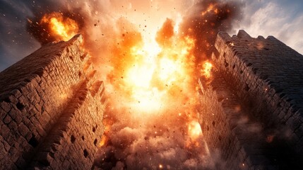 A massive explosion shatters ancient stone walls, sending debris and flames into the air. The surrounding atmosphere is charged, showcasing the chaos of an intense conflict at dusk