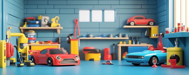 Colorful toy cars and tools arranged in a bright garage setting, perfect for children's play and imaginative storytelling.