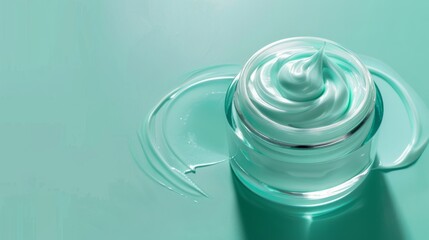 A skincare jar containing a luxurious cosmetic anti-aging cream with a beautiful swirl texture and a matching lid, all displayed on a soft, pale green background. This prod