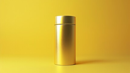 A sleek and trendy metallic cylinder containing a luxurious cream substance, prominently displayed against a vibrant yellow backdrop.