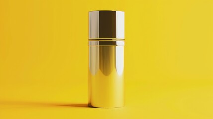 A sleek and trendy metallic cylinder containing a luxurious cream substance, prominently displayed against a vibrant yellow backdrop. 