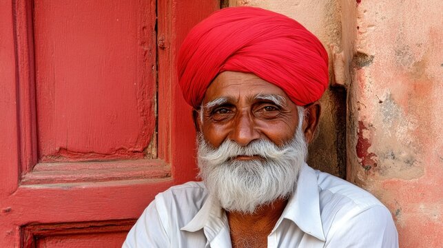 A smiling elderly man with a striking red turban and a bushy white beard sits comfortably by a colorful wall