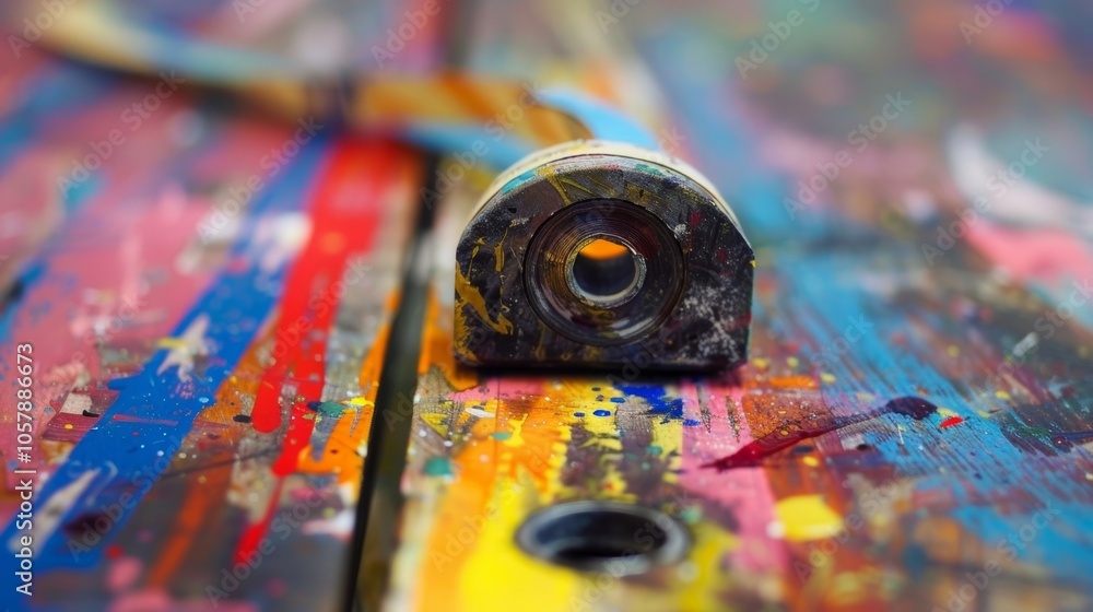 Poster printing machine part with colorful ink splattered on it is sitting on a wooden table, showcasing th