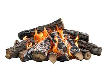 Burning charred firewood with glowing embers on a transparent background, PNG format. Ideal for cozy, warm, and rustic visuals.