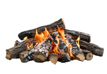 Burning charred firewood with glowing embers on a transparent background, PNG format. Ideal for cozy, warm, and rustic visuals.