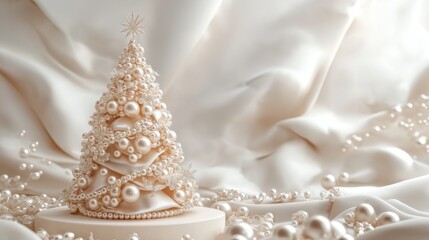 Fototapeta premium Elegant decorative Christmas tree made of pearls and fabric, adorned with a star, set against a soft, wavy background