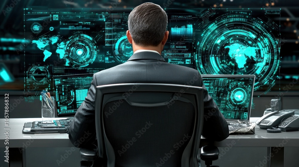 Poster a business professional focuses on complex data visualizations displayed across several screens in a