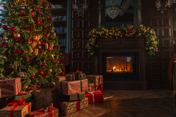 Classical Christmas decorated interior living room library with fireplace. Christmas tree with red golden ornament decorations. Modern classic style interior design apartment. Christmas eve at home