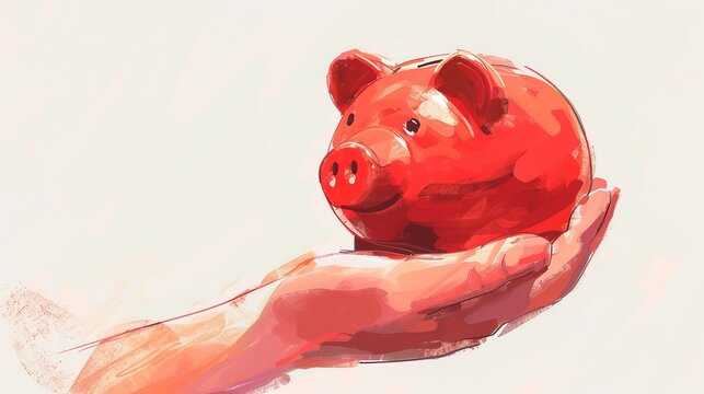 A hand holds a red piggy bank against a white background.