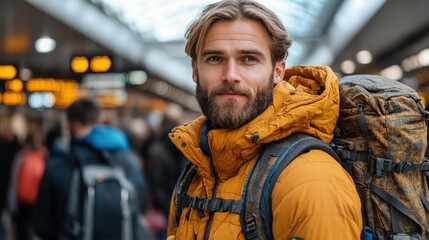 Obraz premium Man waiting for a delayed flight at the airport, representing the frustrations of travel and daily inconveniences