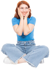 Full body length beautiful attractive 20s caucasian woman sit floor legs crossed touching cheeks smiling looking aside. Wear casual t shirt and jean clothes. Transparent png background image.