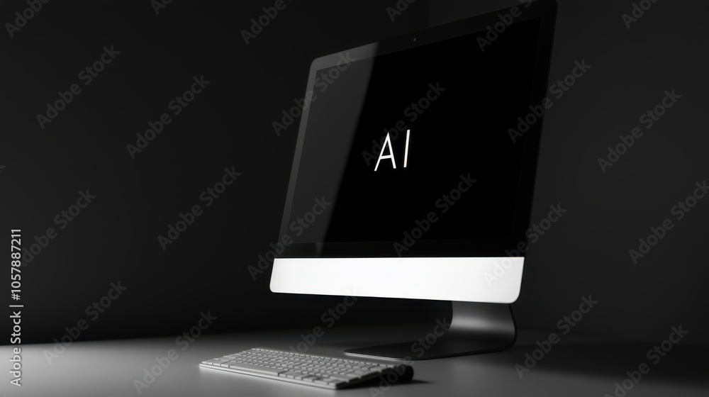 Fototapete a sleek desktop computer with an illuminated screen displaying ai text in a dark environment