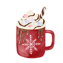 Watercolor cup of cocoa with cream. Christmas beverage. Hot drinks, cocoa, coffee, tea