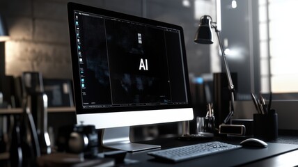 Naklejka premium Modern workspace with an AI-themed desktop setup in a stylish, dimly lit office environment